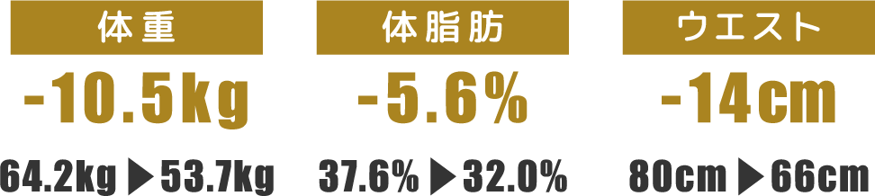 体重-10.5kg 体脂肪-5.6% ウエスト-14cm